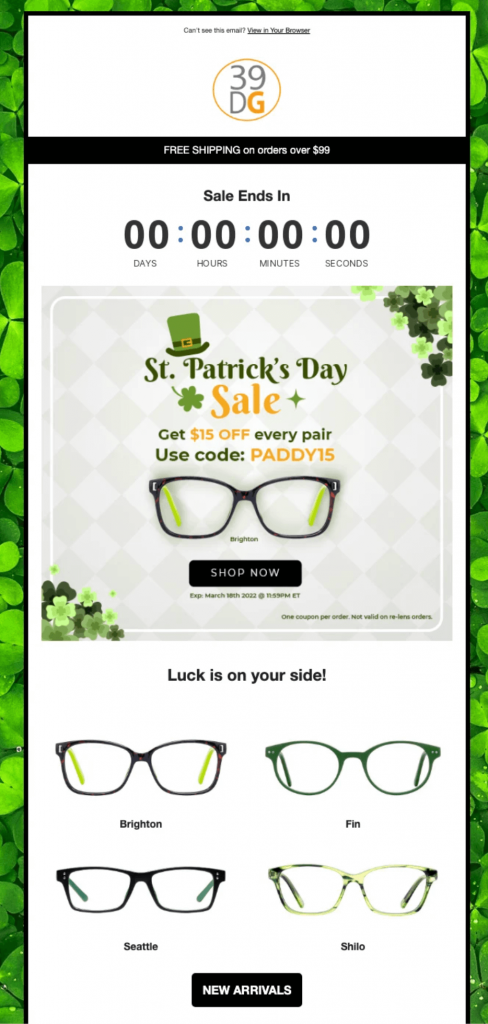 39DollarGlasses.com St. Particks day discount email